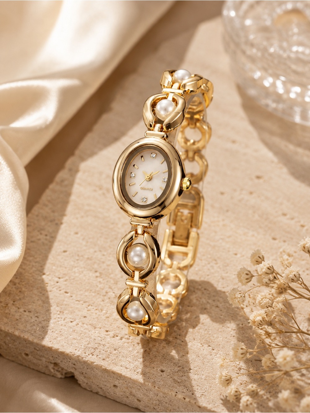 Vintage Inspired Gold Pearl Bracelet Quartz Watch
